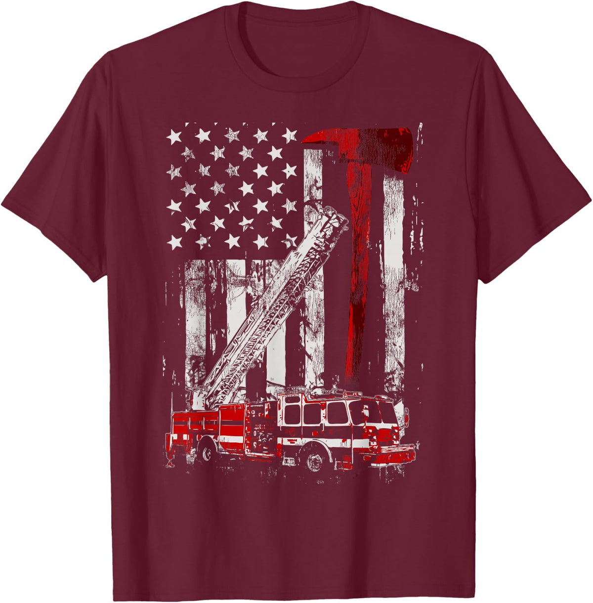 Fire Engine Truck Axe T-Shirt Thin Red Line Firetruck T-Shirt - Burgundy