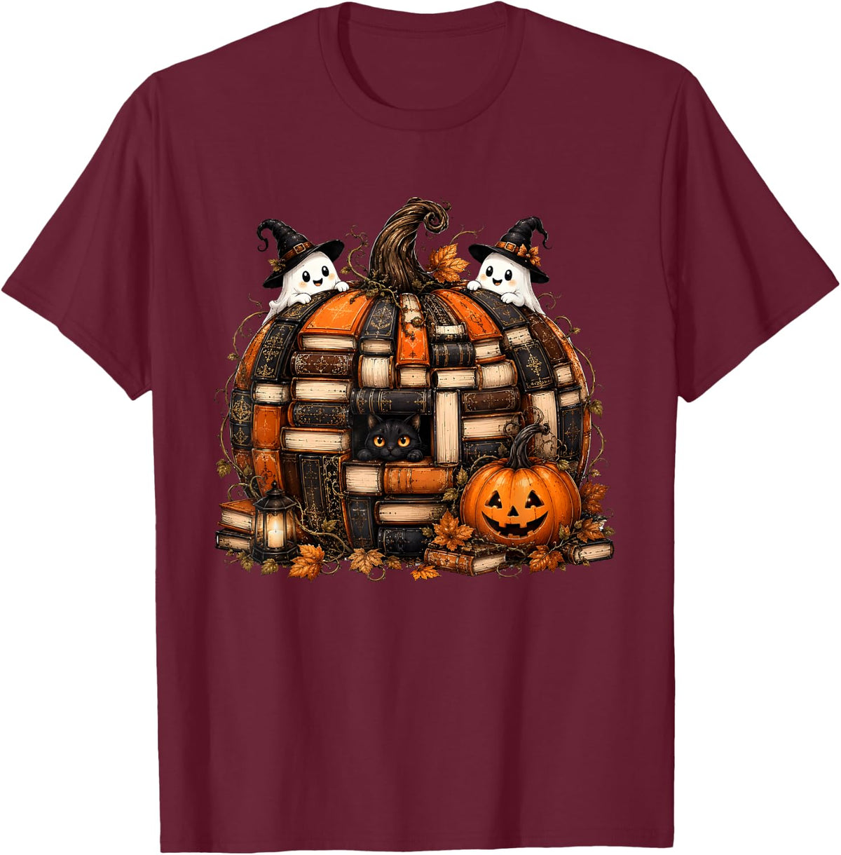 Halloween Pumpkin Spooky Ghost Black Cat Book Reading Lover T-Shirt - Burgundy