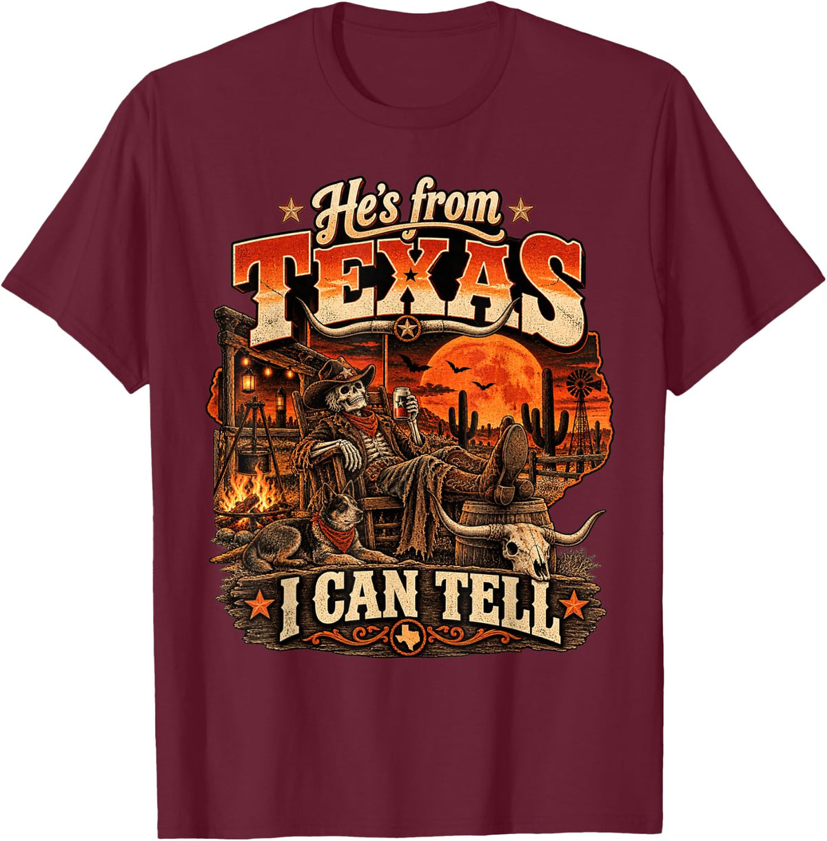 Hes from Texas I can Tell Vintage Texas Cowboy Halloween T-Shirt - Burgundy