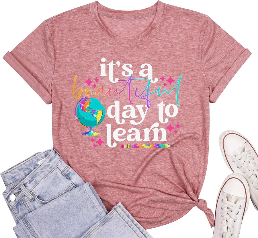 It’s a Beautiful Day for Learning T-Shirt for Women Teacher Life Shirts Gifts Reading Book Lover Casual Short Sleeve Top