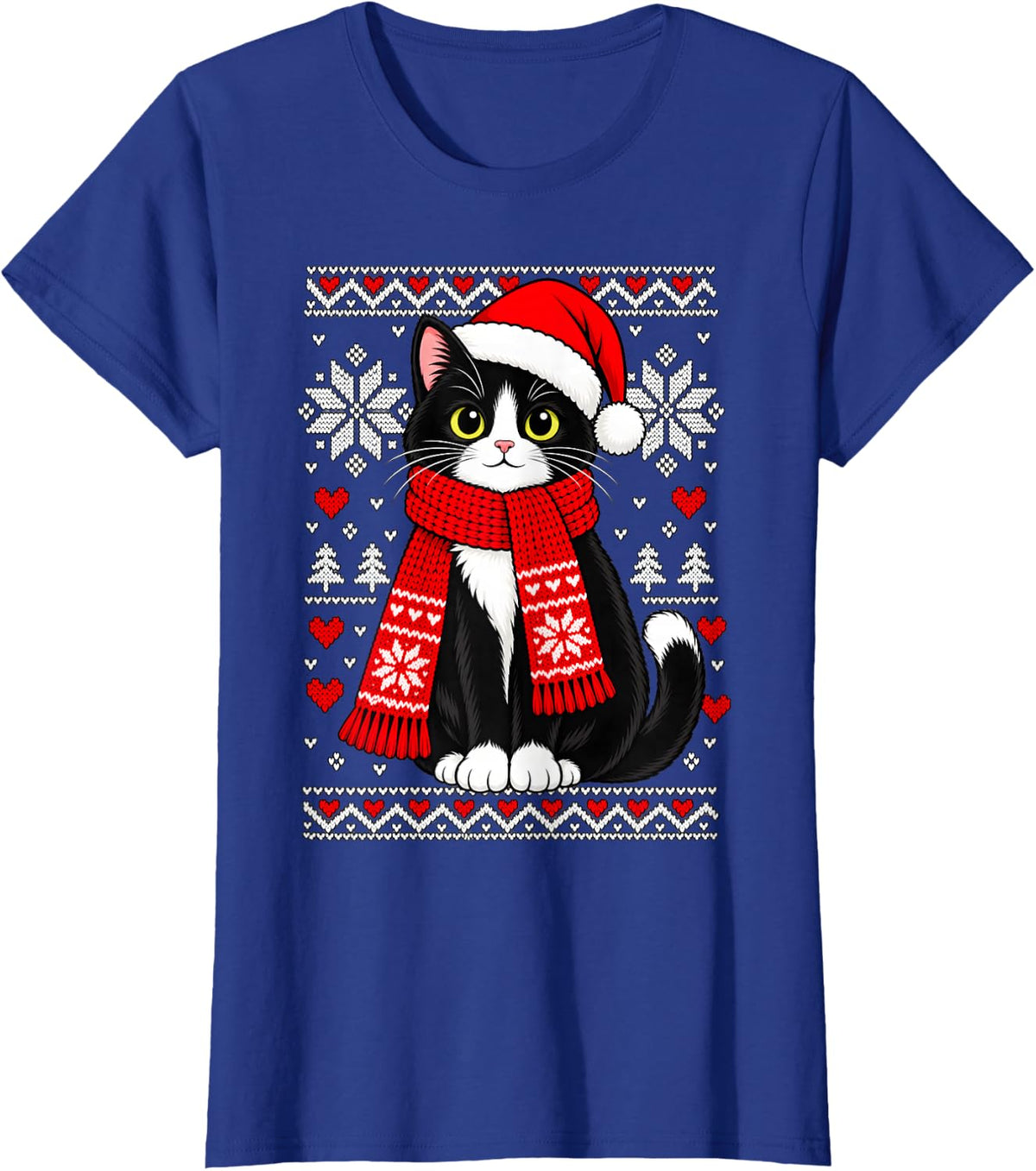 Tuxedo Cat Christmas Santa Hat Scarf Ugly Style Winter T-Shirt - Royal Blue