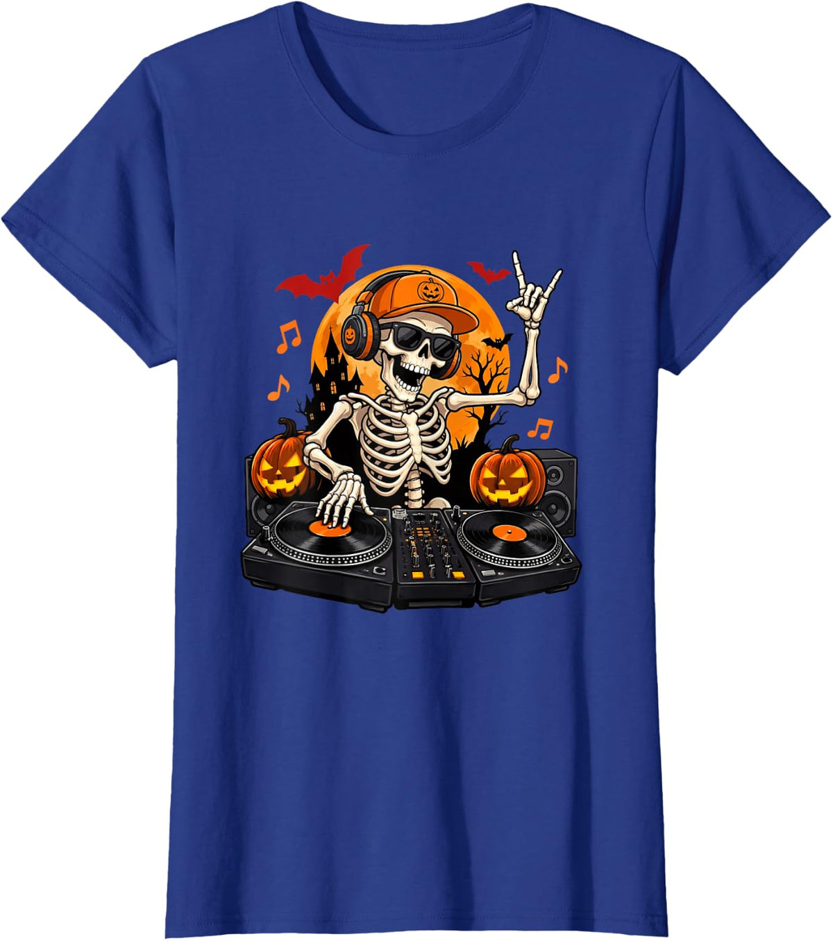 Skeleton DJ Halloween Turntable Vinyl Record Pumpkin T-Shirt - Royal Blue