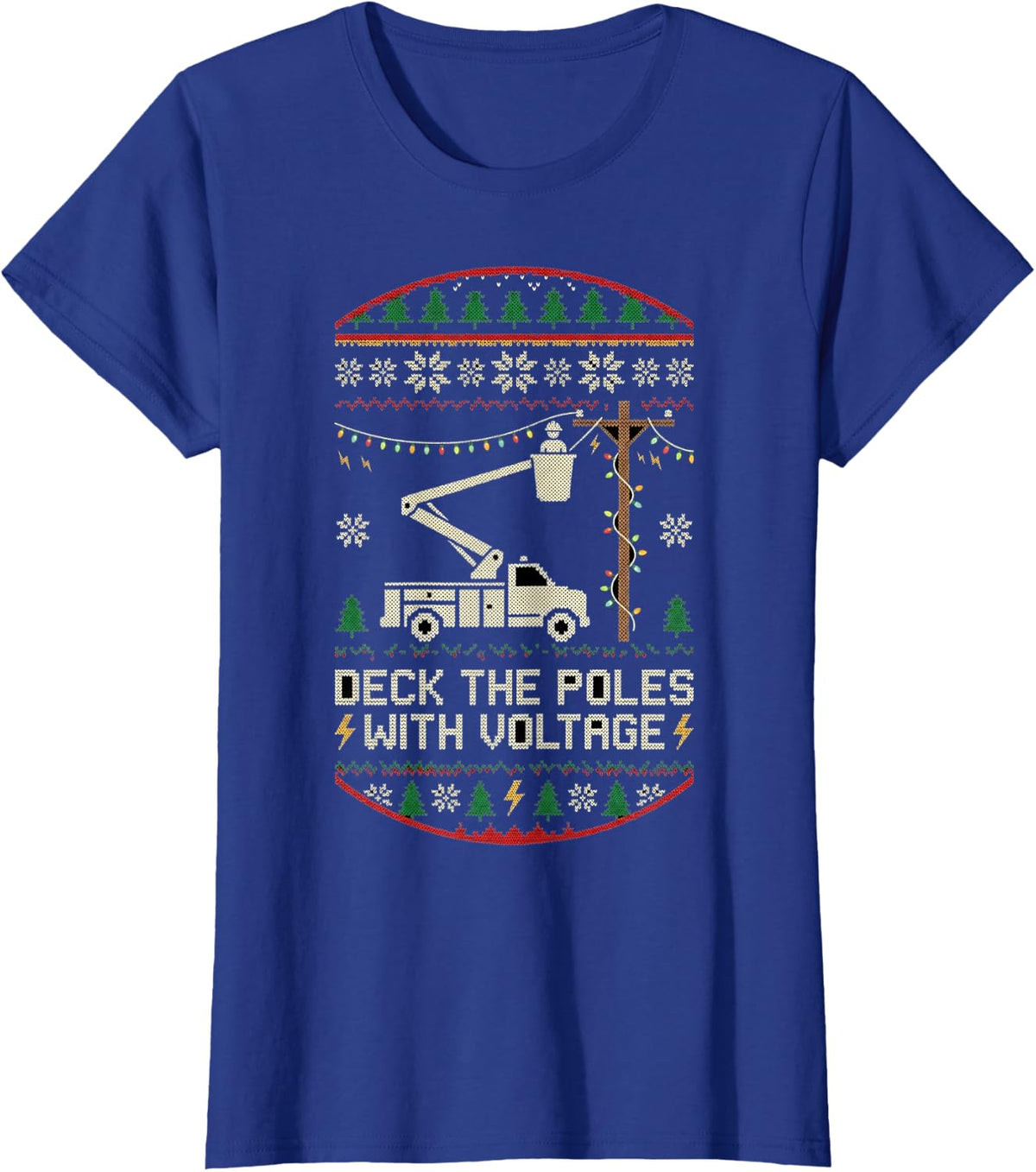 Funny Lineman Bucket Truck Ugly Holiday Pattern Holiday T-Shirt - Royal Blue