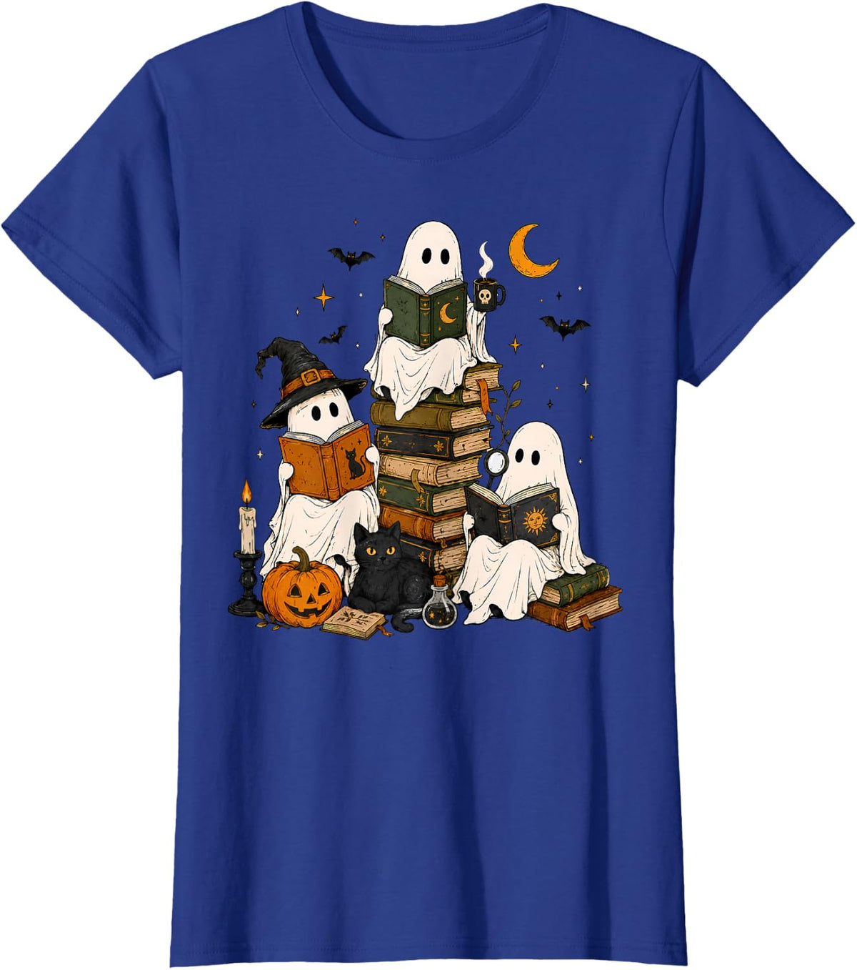 Halloween Ghost Book Lover Spooky Reading Black Cat T-Shirt - Royal Blue