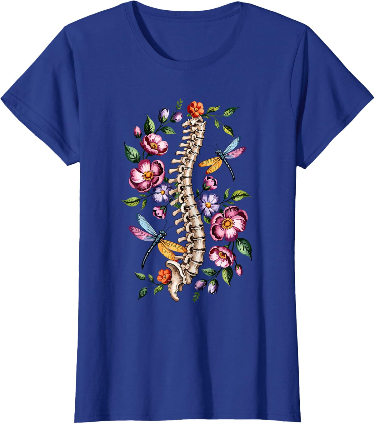 Skeleton Floral Spine Dragonfly PT Therapy Radiology Nurse T-Shirt - Royal Blue