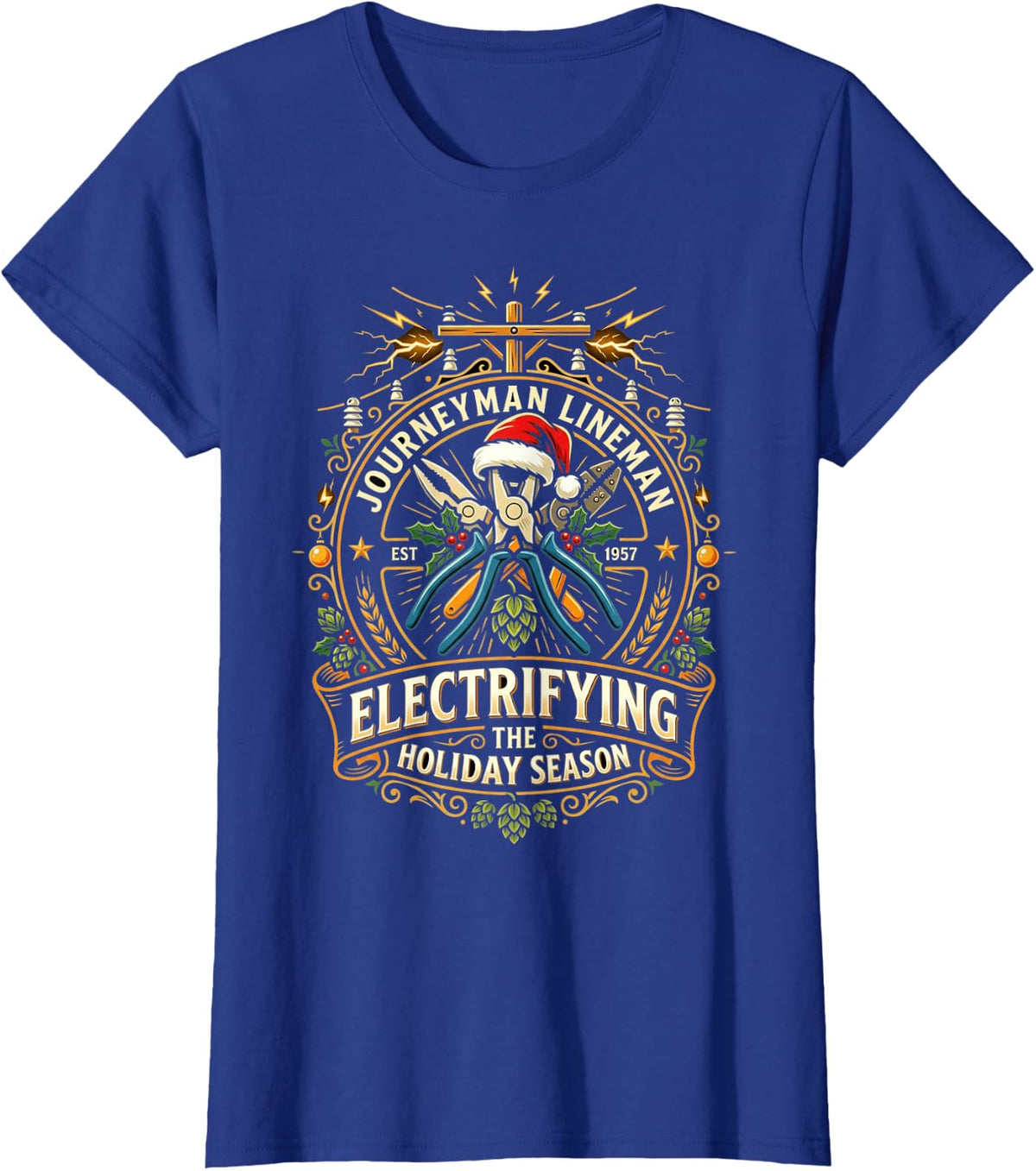 Journeyman Lineman Ugly Christmas Sweater Lineworker T-Shirt - Royal Blue