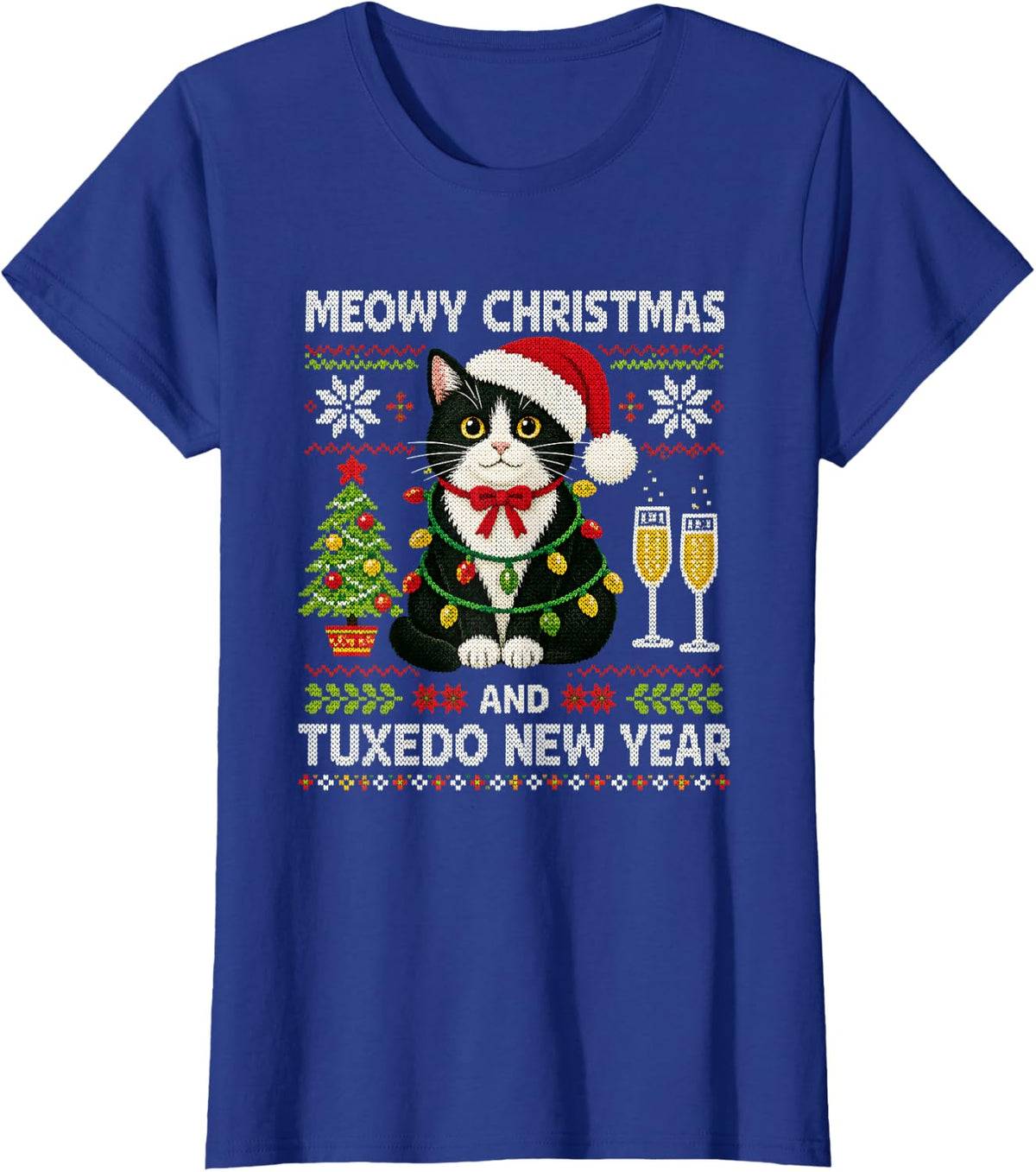 Funny Tuxedo Cat Christmas and New Year Holiday Humor T-Shirt - Royal Blue