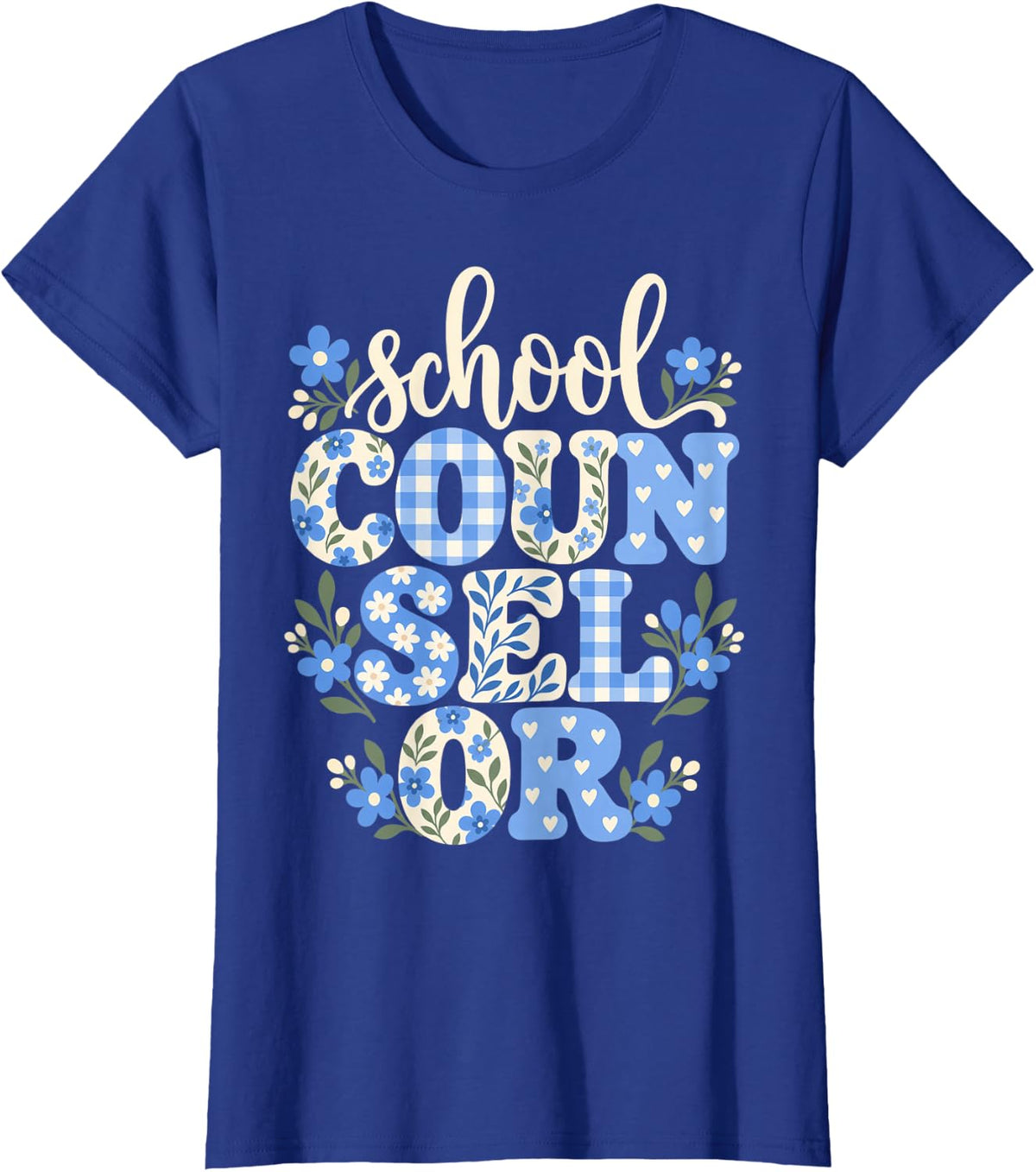 School Counselor Blue Floral Letters T-Shirt - Royal Blue