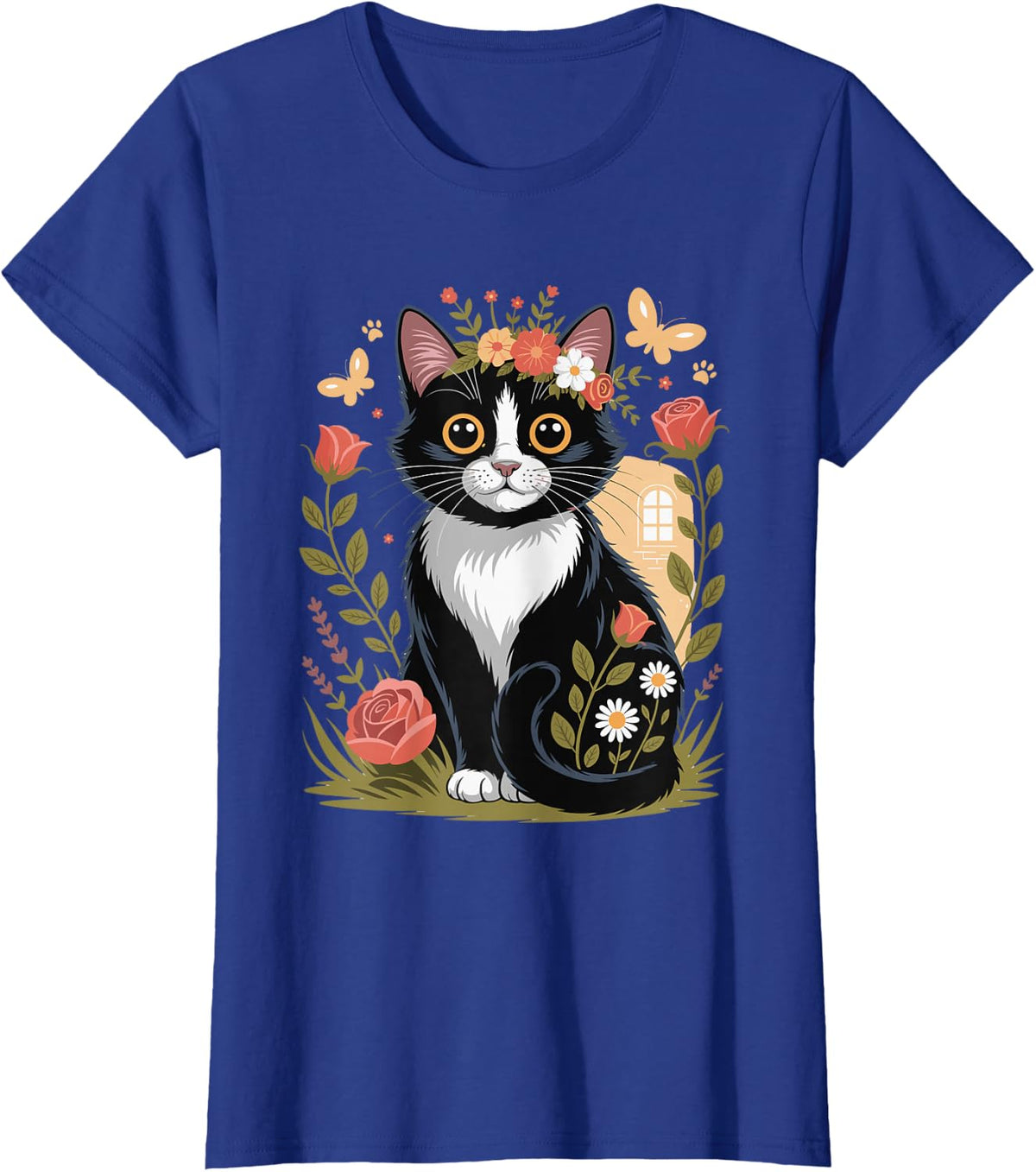 Floral Tuxedo Cat Garden T-Shirt - Royal Blue