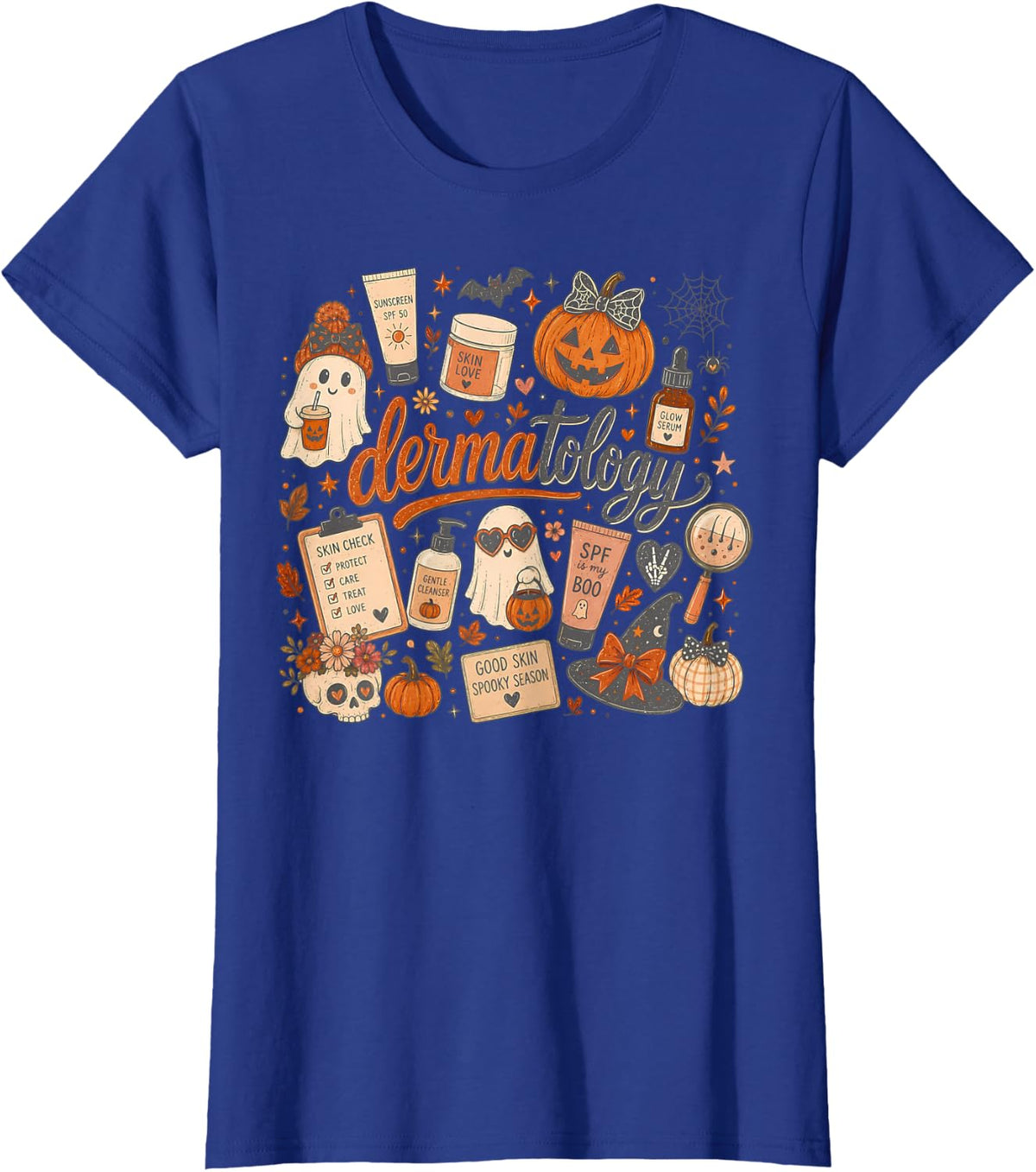 Halloween Dermatology Crew Ghost Pumpkin Skull Dermatologist T-Shirt - Royal Blue