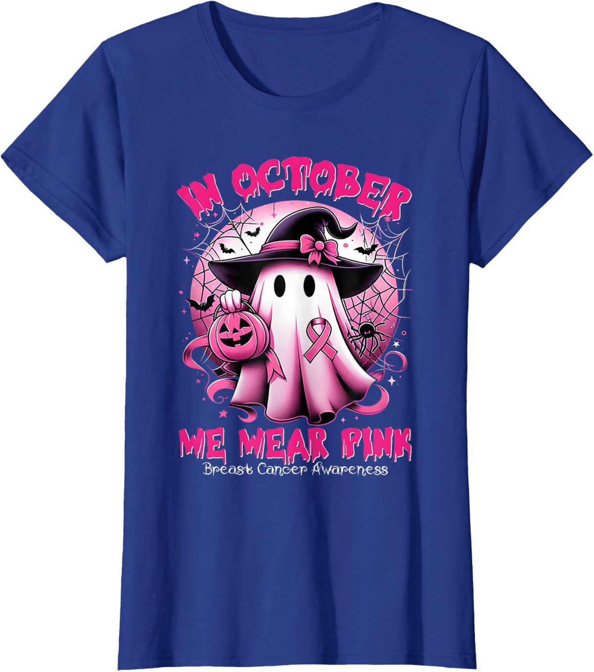 In October We Wear Pink Witch Ghost Breast Cancer Awareness T-Shirt - Royal Blue