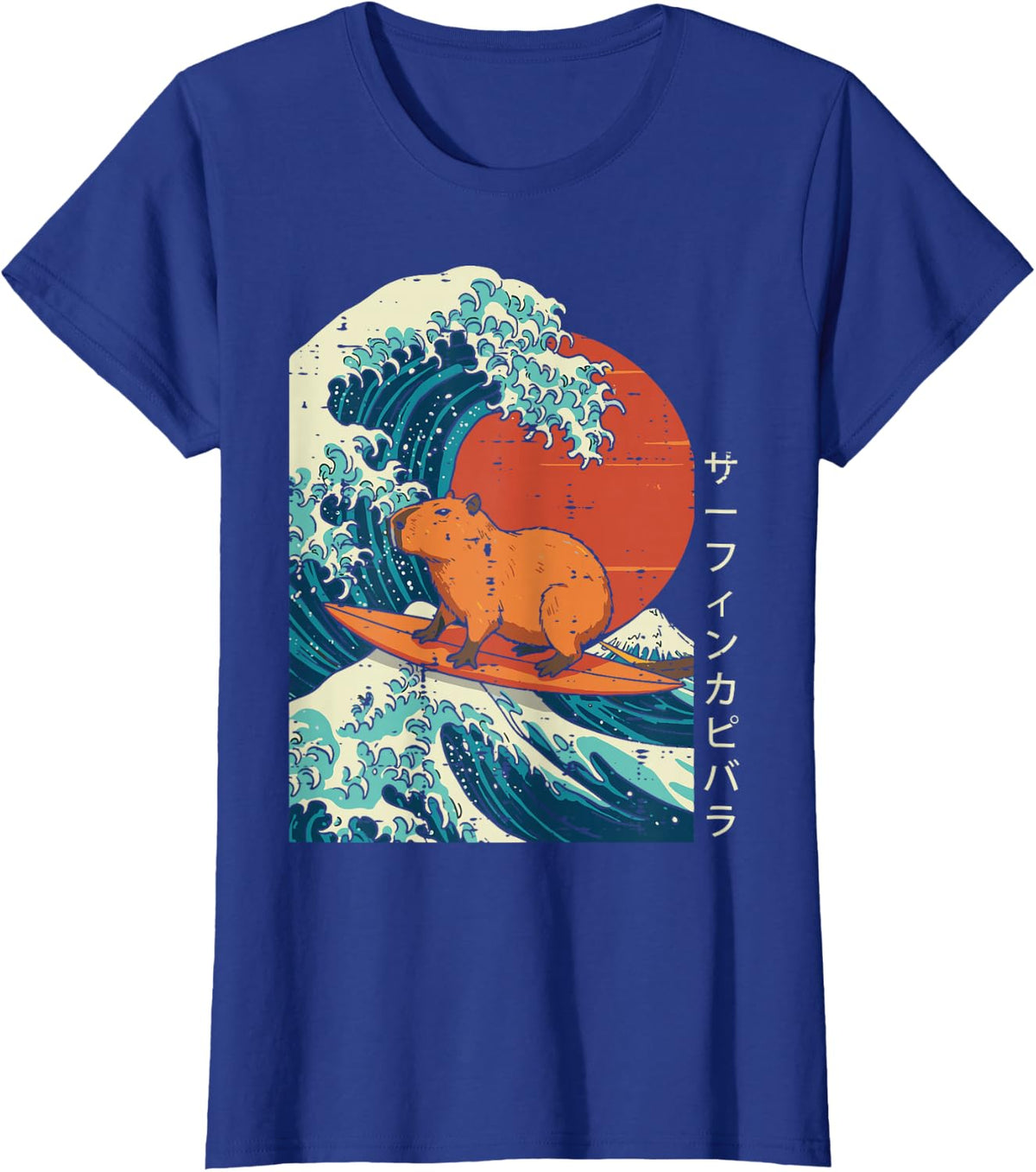 Great Wave Capybara Surfing Meme T-Shirt Japanese Art Tees for Men Women Kids - Royal Blue