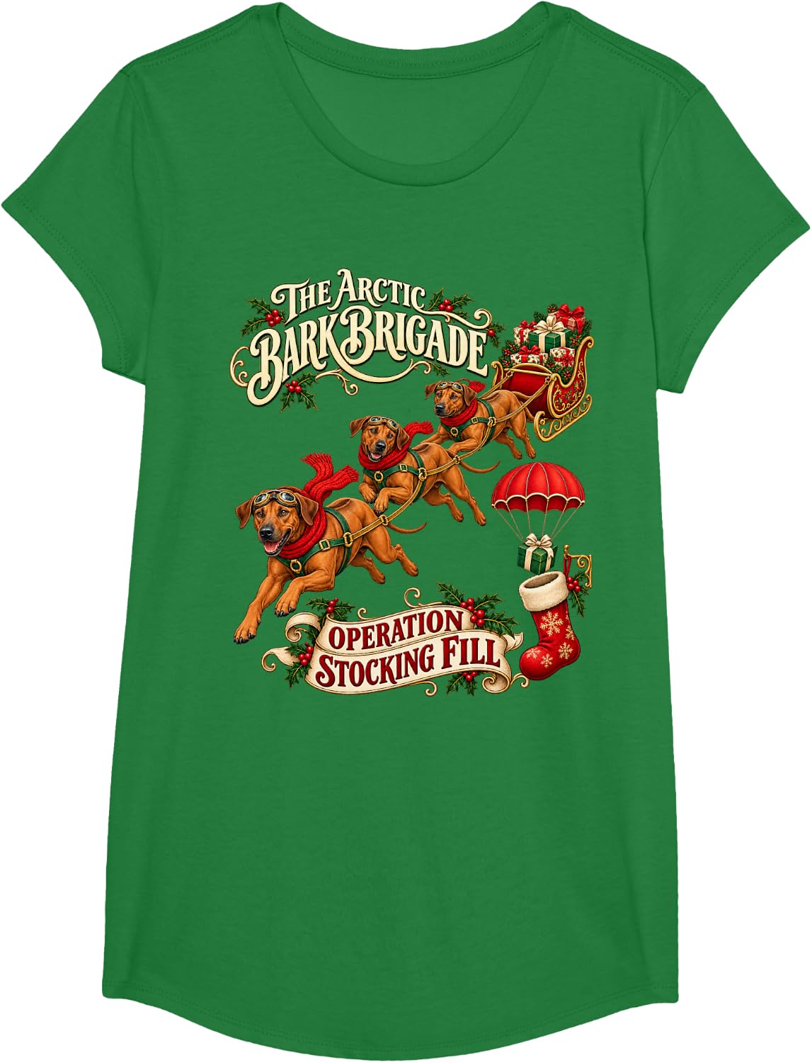 Rhodesian Ridgeback Dog Classic Xmas Stocking T-Shirt - Girls Kelly Green