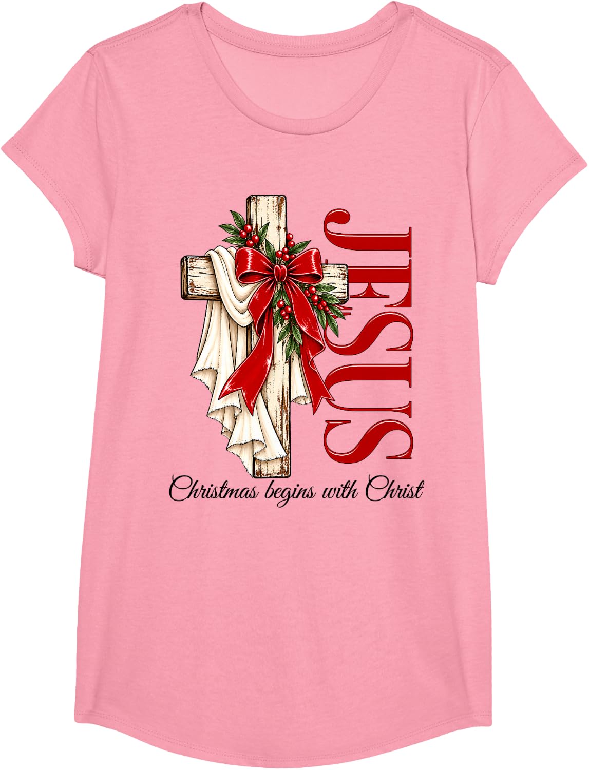 Christmas Begins with Christ Religious Jesus Xmas T-Shirt - Girls Pink