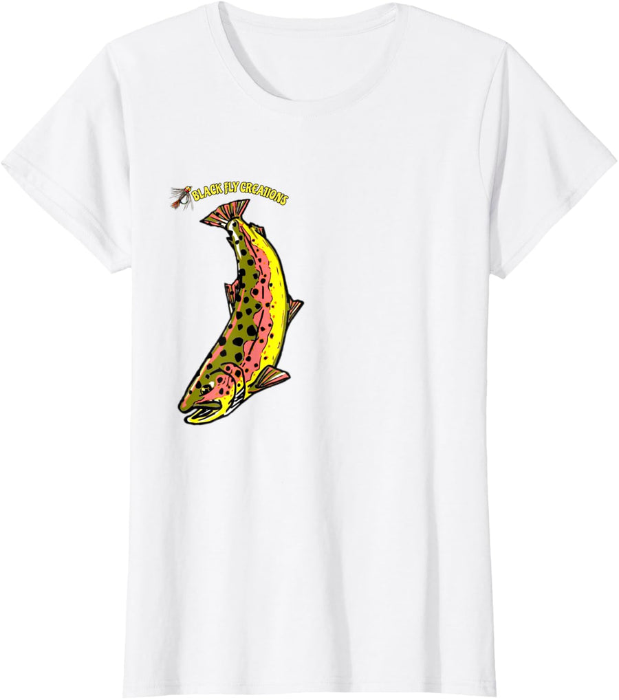 Look at the Back! Black Fly Retro Hippie Trout Fly Fishing T-Shirt - White