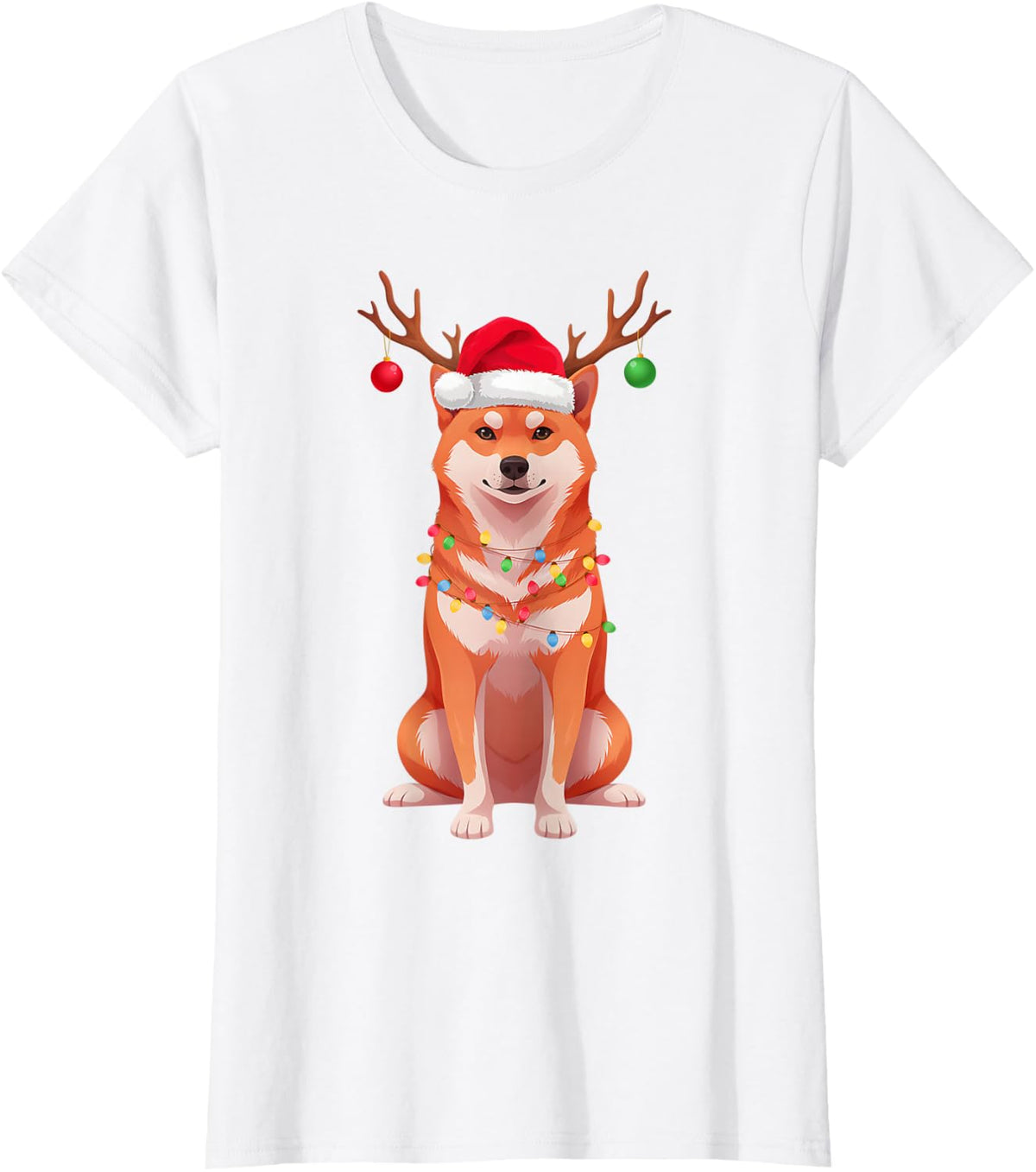 Shiba Inu Santa Hat Reindeer Ornaments Dog Mom Dad T-Shirt - White