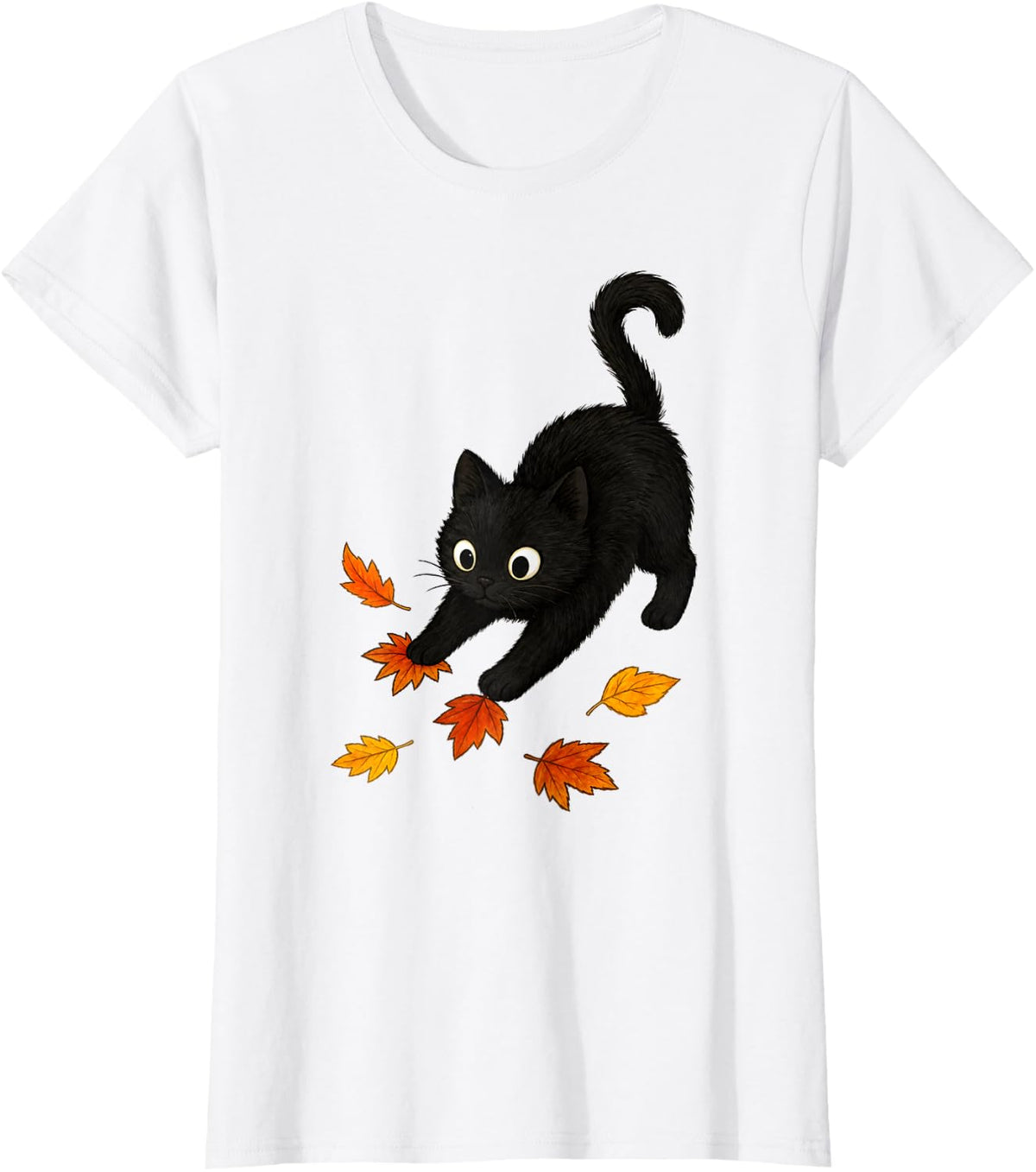 Cute Black Cat Fall Autumn Vibe Leaves Falling T-Shirt - White