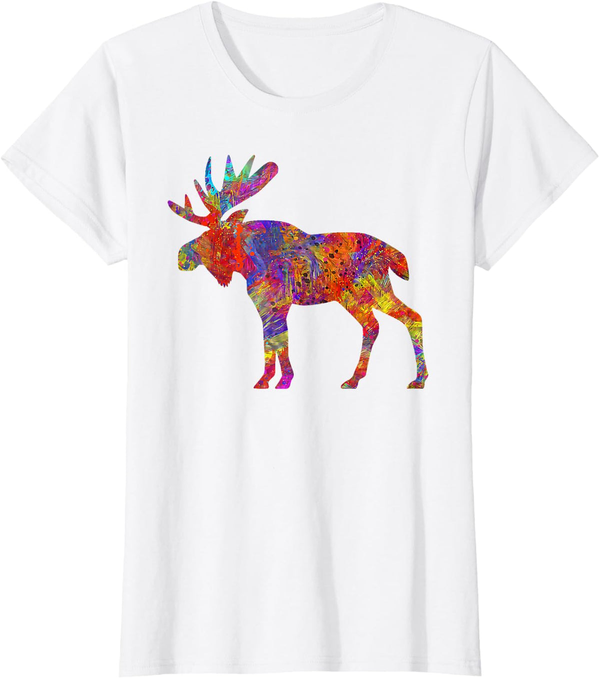 Colorful Canadian Moose Abstract Paint Wildlife T-Shirt - White