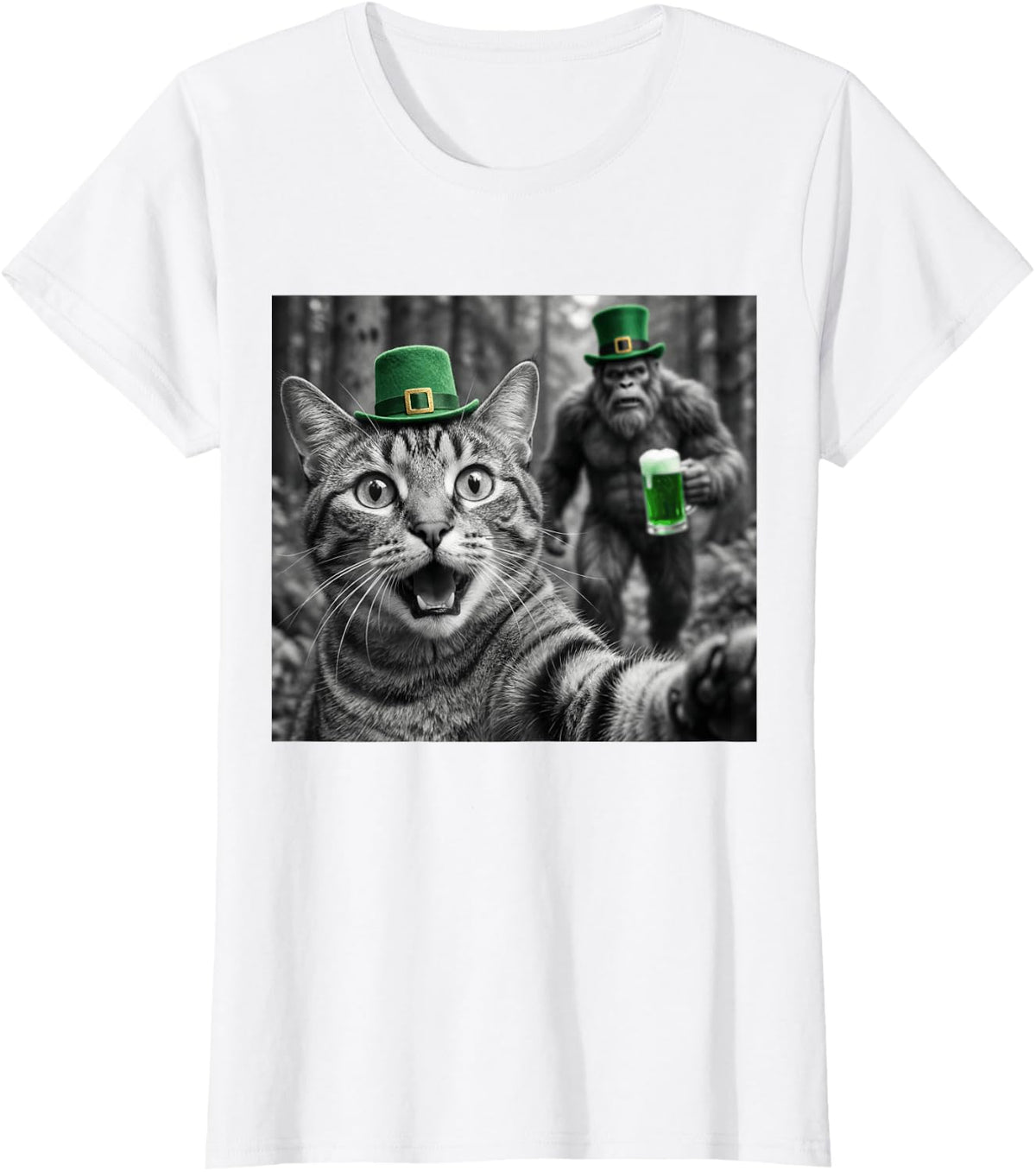 St. Patrick's Day Cat Taking Selfie with Bigfoot Green Beer T-Shirt - White