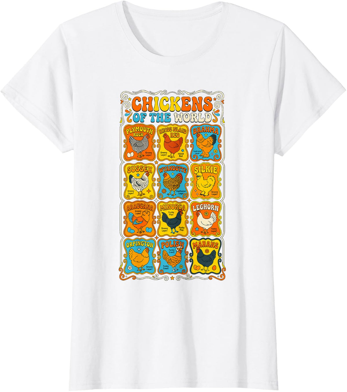 Funny Farm Chickens of The World Rooster T-Shirt - White