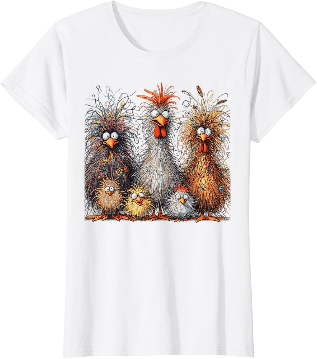 Eagerlys Colorful Funny Chicken Art, Crazy Chicken Family T-Shirt - White