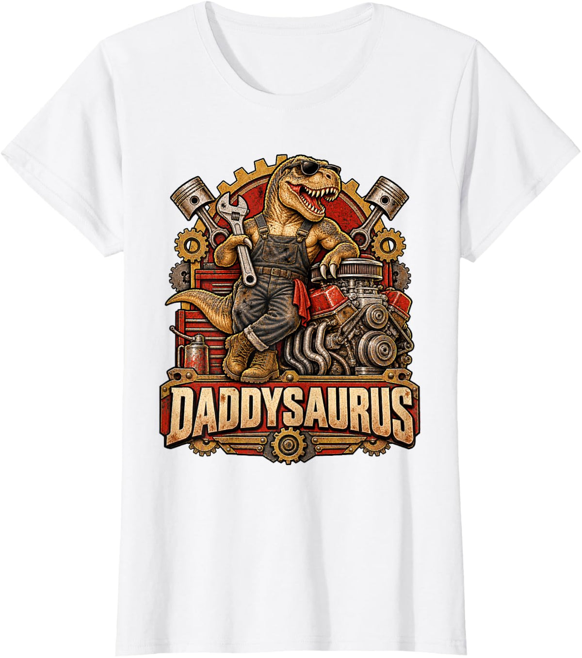 Daddysaurus Dinosaur Mechanic Funny T Rex Dad Automotive T-Shirt - White