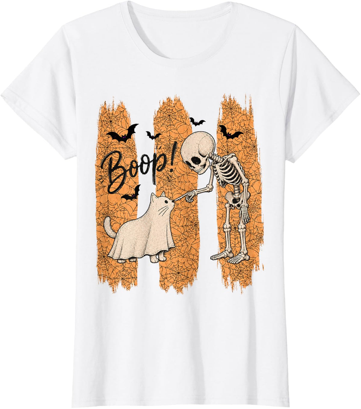 Retro Skeleton Ghost Cat Boop Funny Halloween Spooky Lover T-Shirt - White