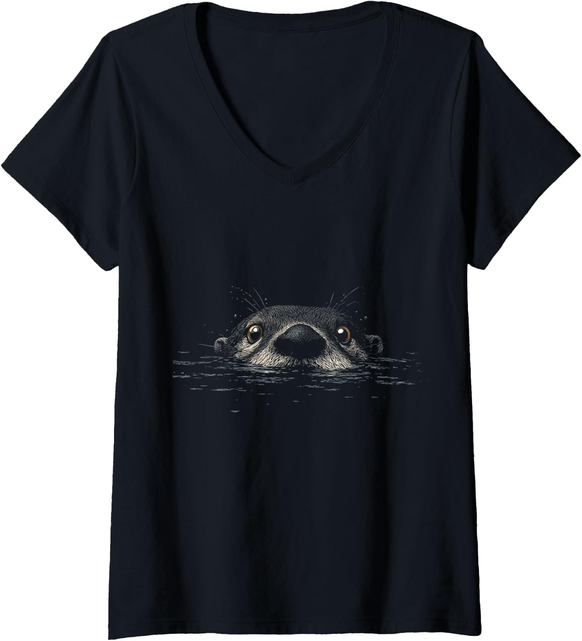 Women's Otter Peaking from Water Funny Cute Animal V-Neck T-Shirt - Black