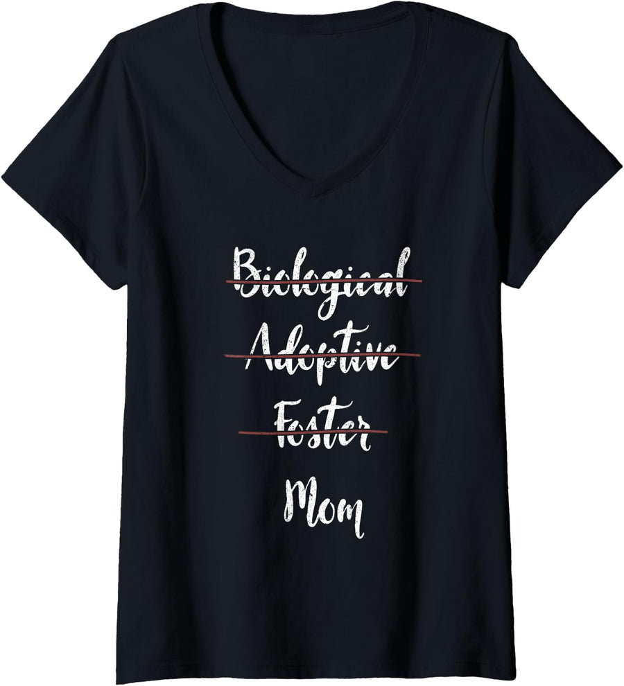 Women's Biological Adoptive Foster Mom Mother's Day Mommy Mama Mom V-Neck T-Shirt - Black