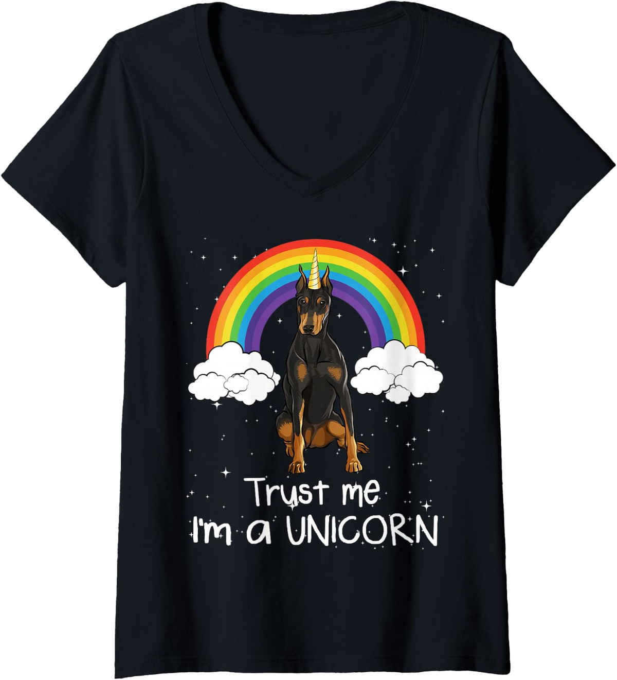 Women's Rainbow Magic Unicorn Doberman V-Neck T-Shirt - Black
