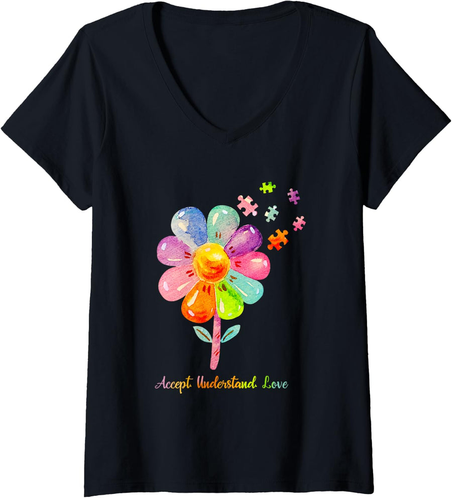 Women's Accept Understand Love Flower Autism Awareness V-Neck T-Shirt - Black