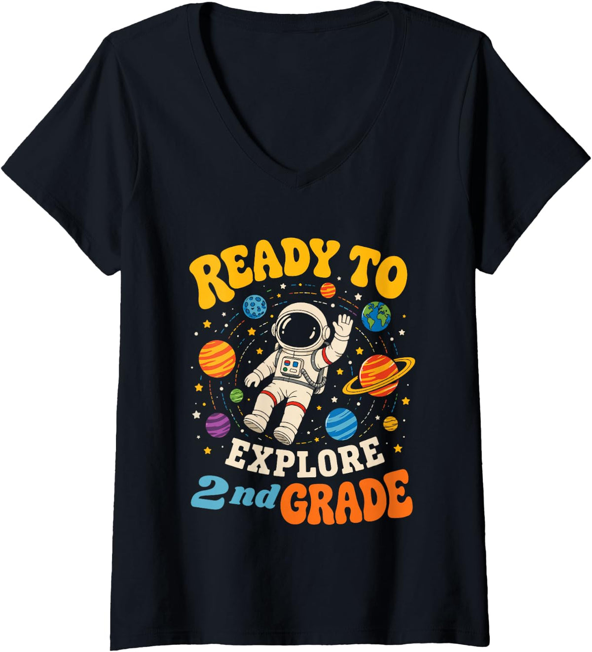 Women's Ready to Explore 2nd Grade Astronaut Space V-Neck T-Shirt - Black