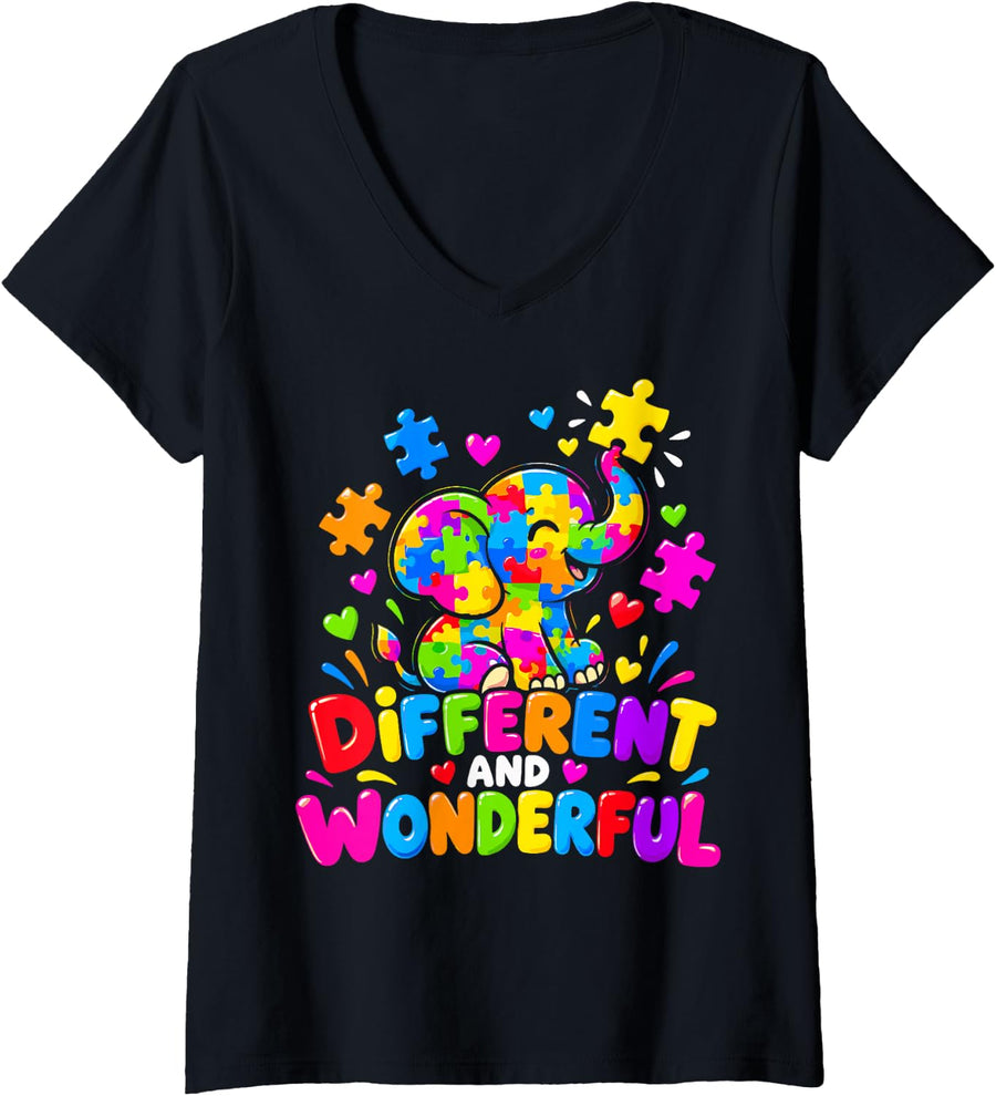 Women's Cute Autism Awareness Month Espectrum Elephant Gift V-Neck T-Shirt - Black
