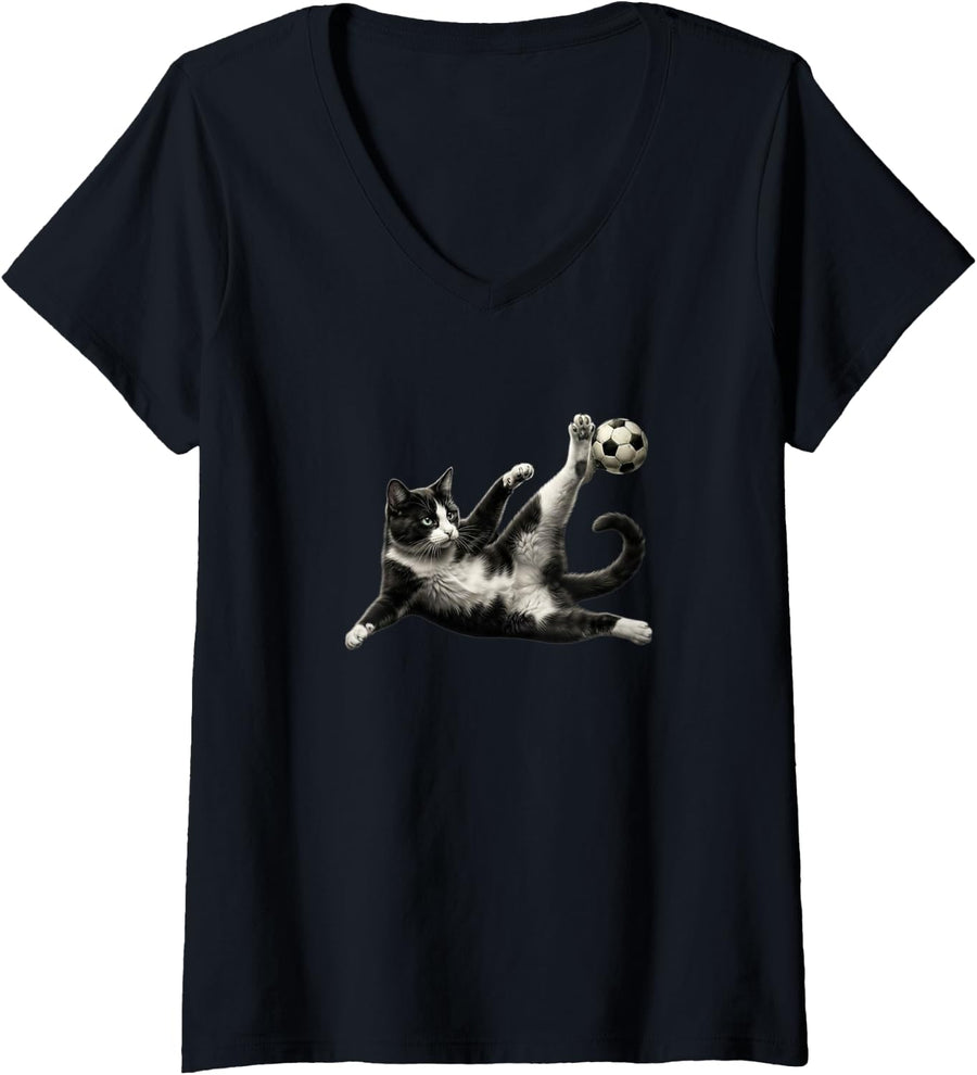 Women's Tuxedo Cat Soccer Player Kicking Football Feline V-Neck T-Shirt - Black
