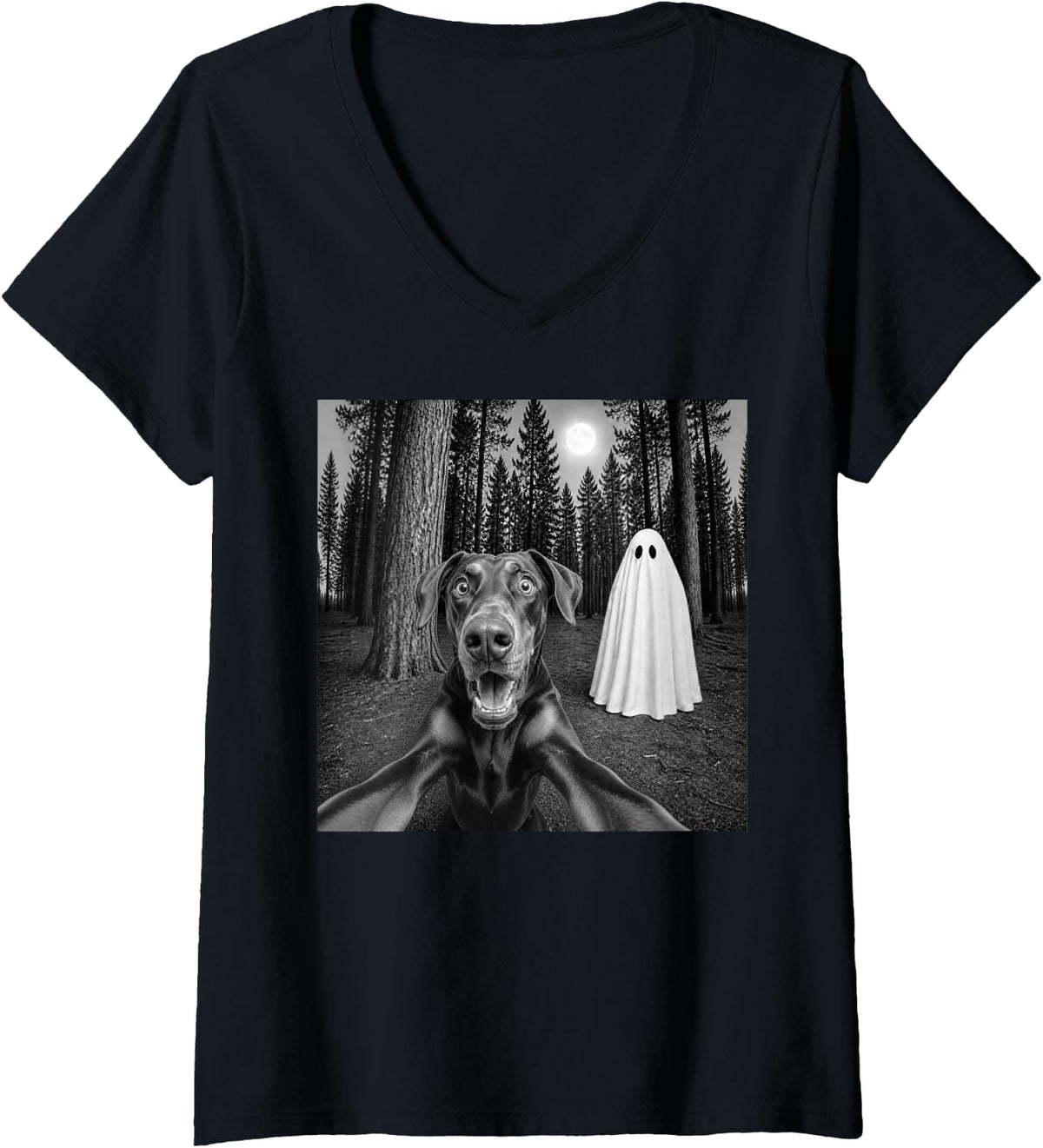 Women's Spooky Doberman Selfie with Ghost Halloween Dobie Dog V-Neck T-Shirt - Black