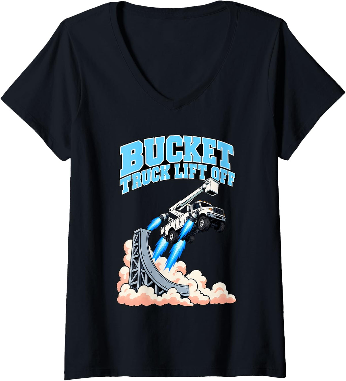 Women's Bucket Truck Lift Off Funny Lineman Rocket Humor V-Neck T-Shirt - Black