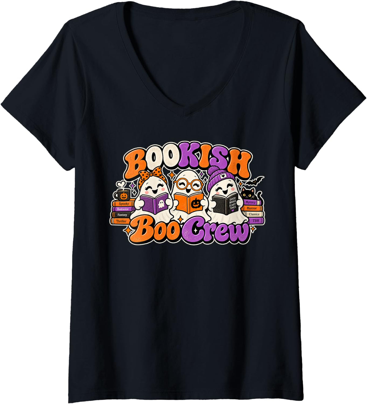 Women's Bookish Boo Crew Halloween Book Lover Librarian Cute Ghosts V-Neck T-Shirt - Black