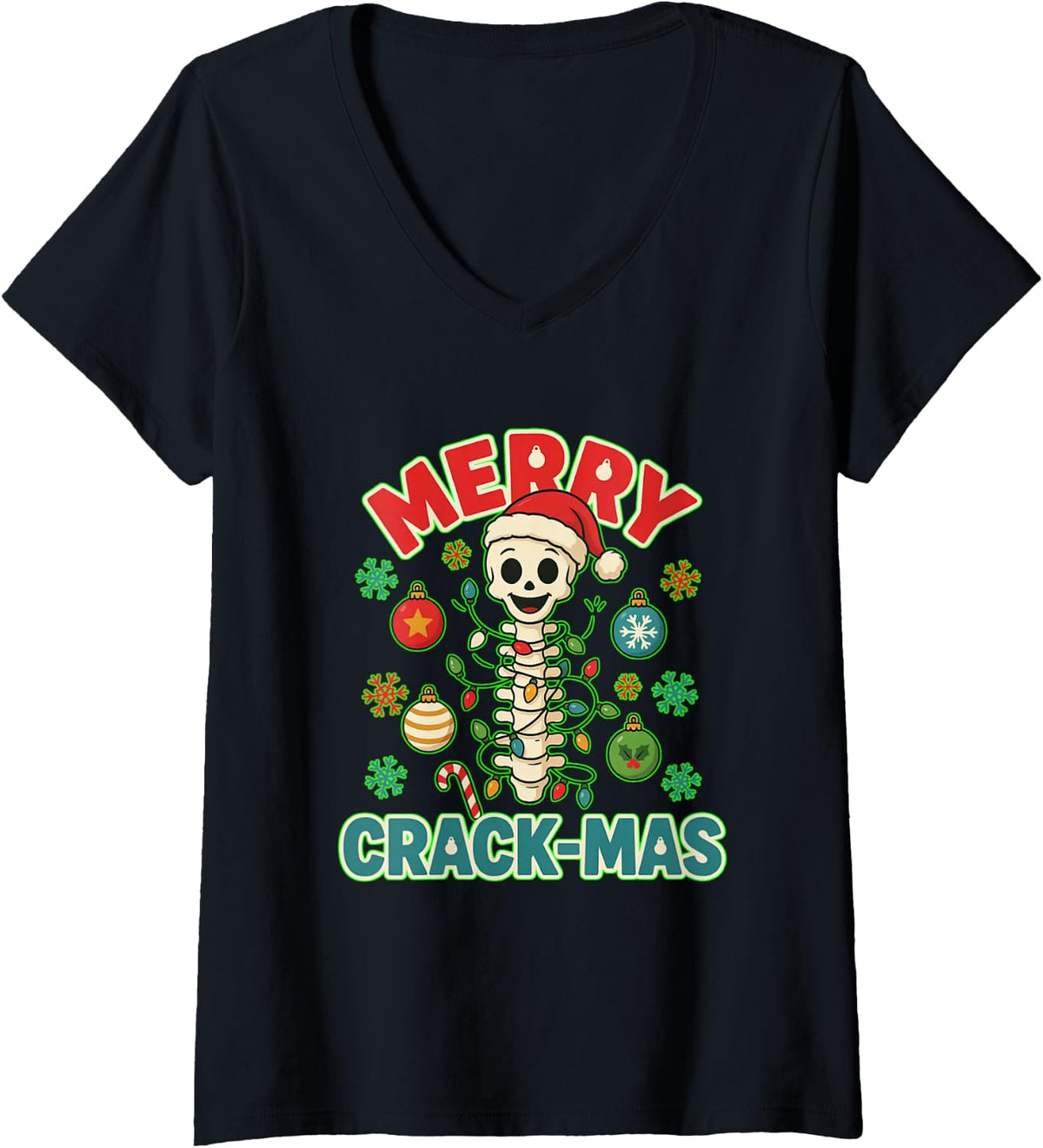 Women's Merry Crack-Mas Funny Chiropractor Christmas Spine V-Neck T-Shirt - Black
