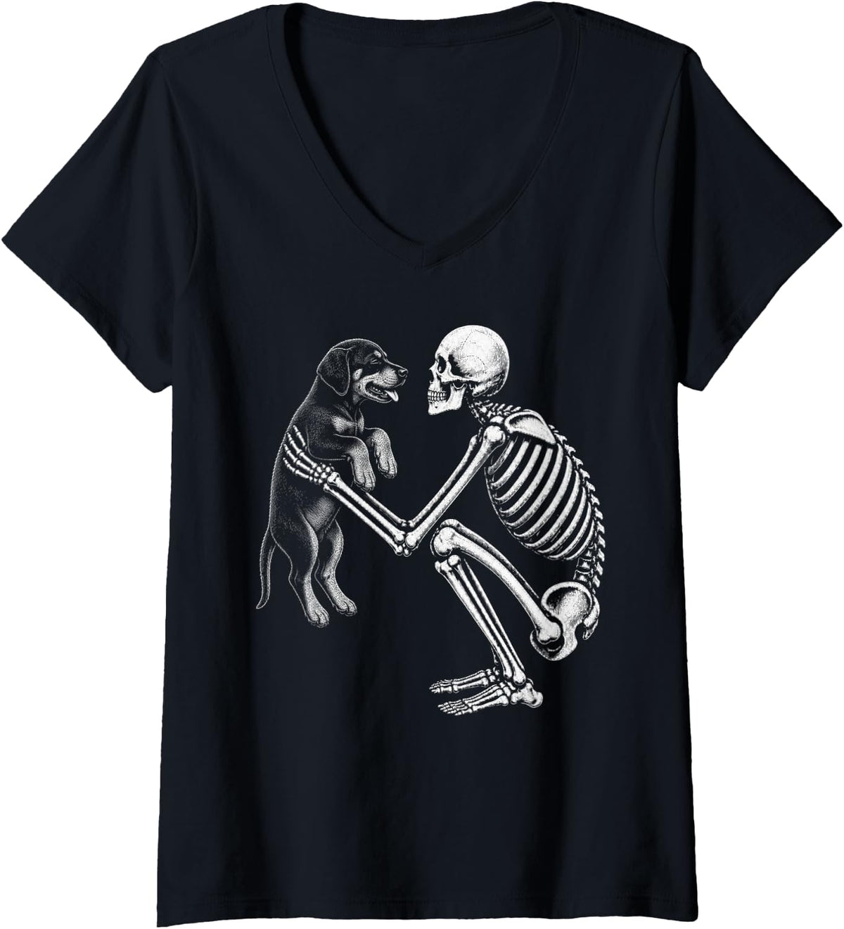 Women's Skeleton Holding Doberman Retro Halloween Dobie Dog V-Neck T-Shirt - Black