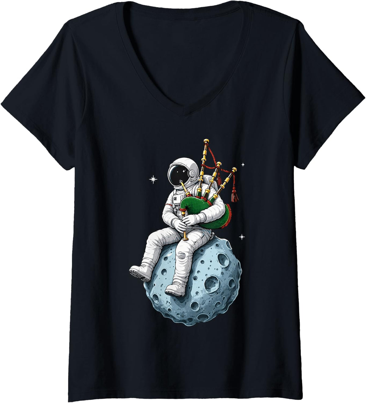 Women's Bagpipe Astronaut Scottish Highland Music Piper V-Neck T-Shirt - Black