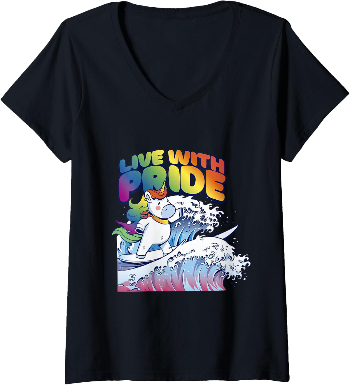 Women's Live with Pride Colorful Unicorn Joyful Self Expression V-Neck T-Shirt - Black
