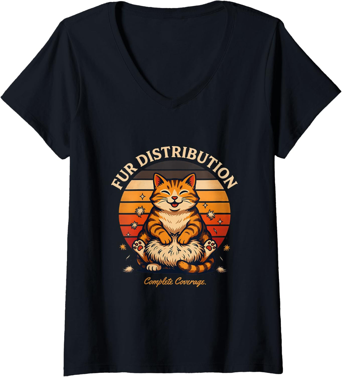 Women's Fur Distribution Complete Coverage Cat Humor V-Neck T-Shirt - Black