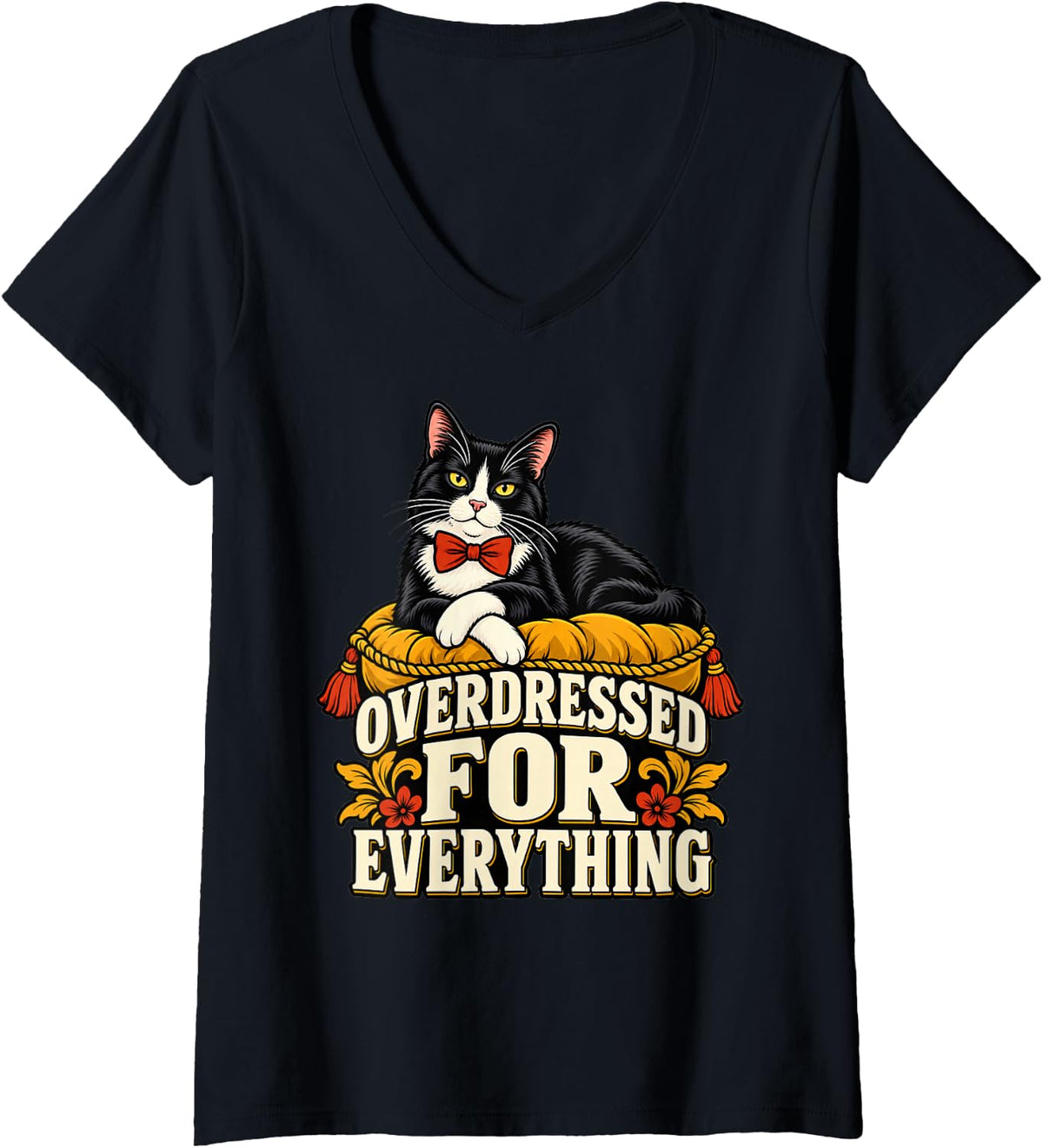 Women's Tuxedo Cat Overdressed for Everything Funny Kitty Mom Kitten V-Neck T-Shirt - Black