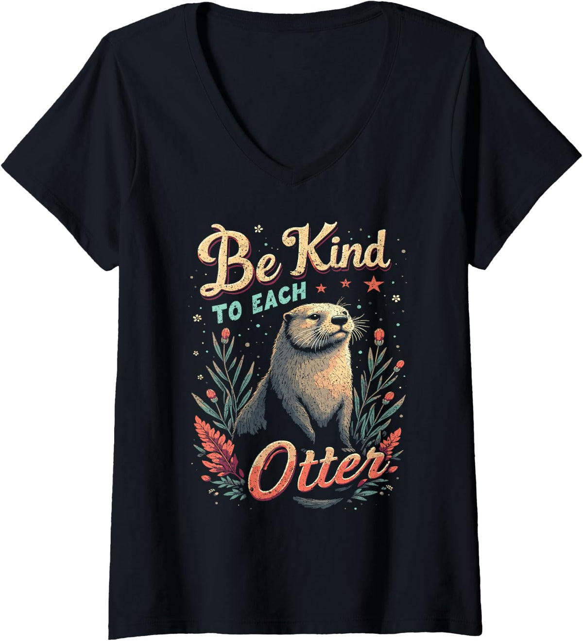 Women's Otter Be Kind to Each Otter V-Neck T-Shirt - Black