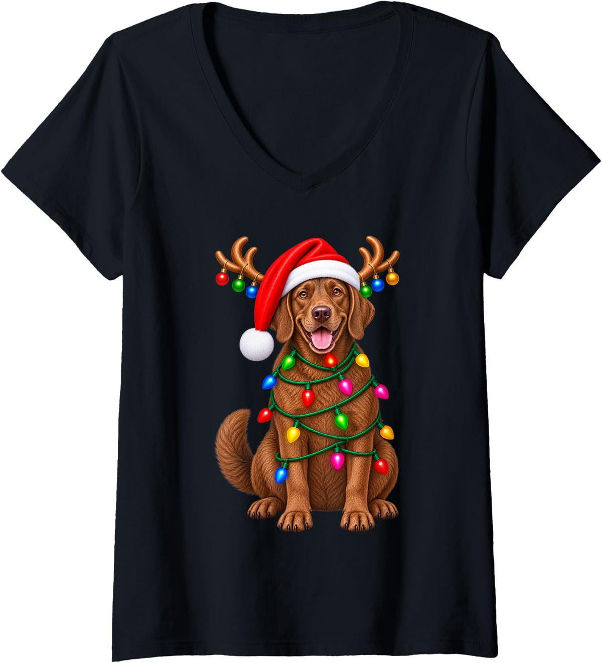 Women's Rhodesian Ridgeback Christmas Dog Reindeer Lights Pajama V-Neck T-Shirt - Black