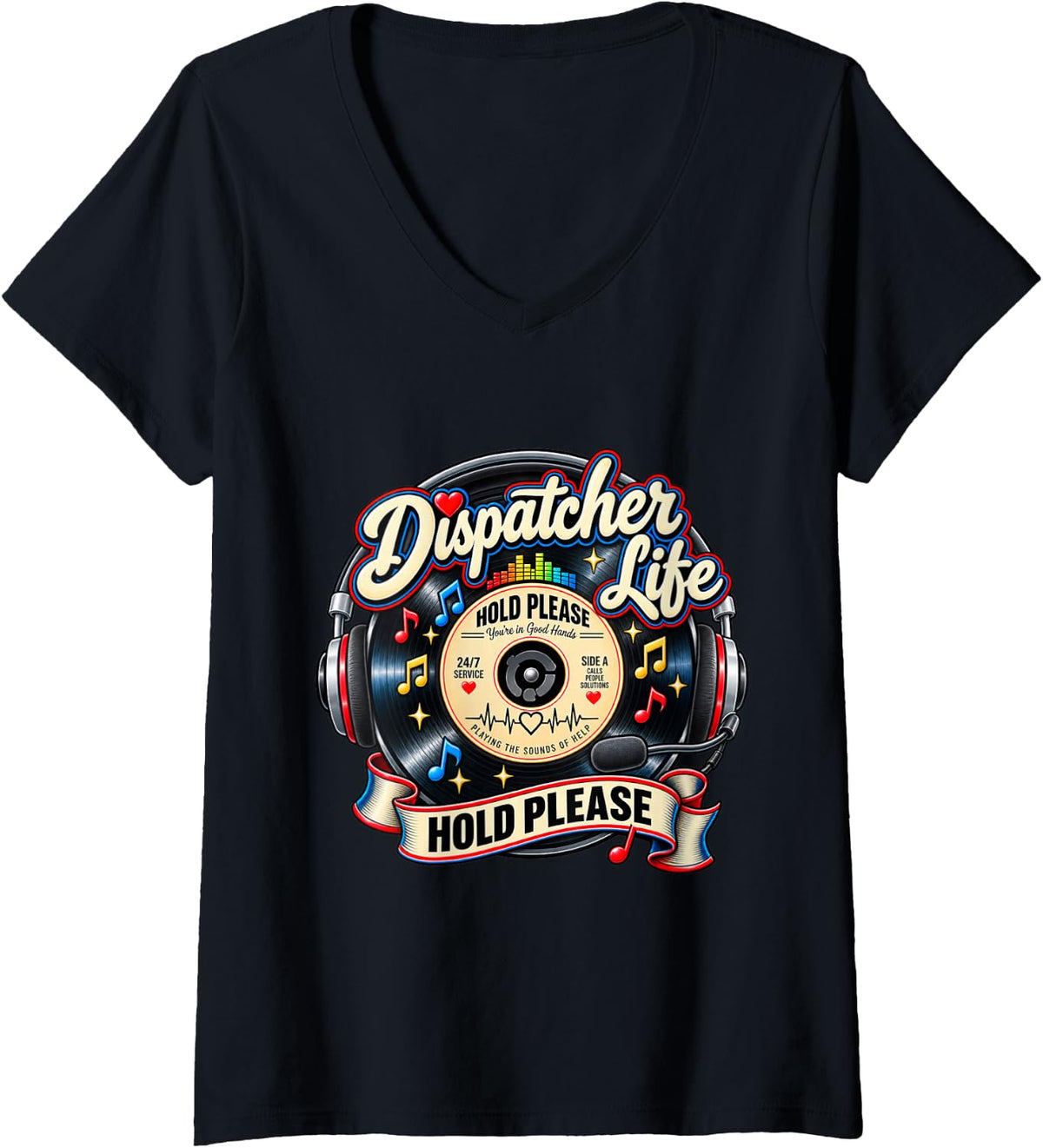 Women's Hold Please Dispatcher Life Retro Vinyl Headset V-Neck T-Shirt - Black