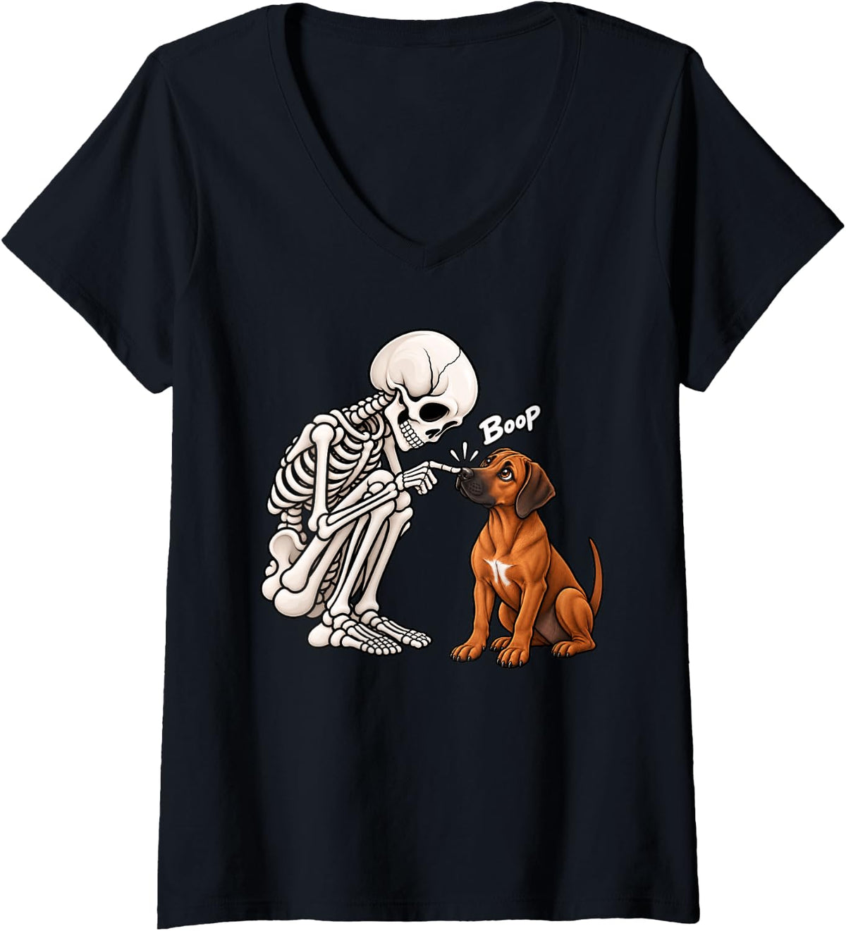 Women's Funny Skeleton Rhodesian Ridgeback Boop Halloween Dog Lover V-Neck T-Shirt - Black