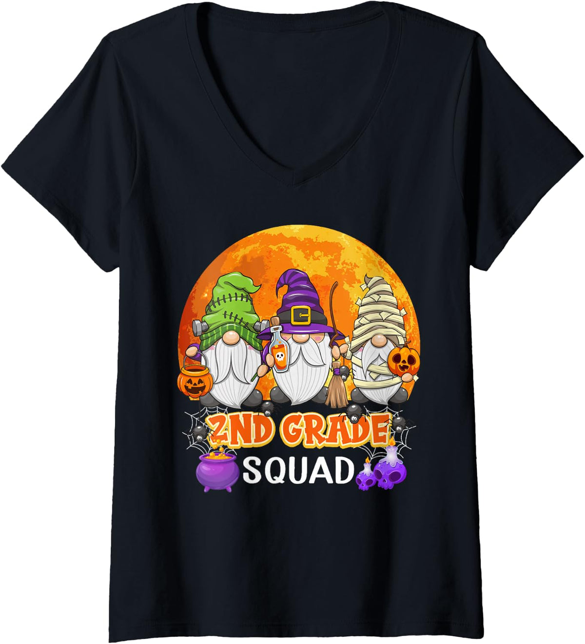 Women's 2nd Grade Squad Halloween Second Grader Gnome Matching V-Neck T-Shirt - Black
