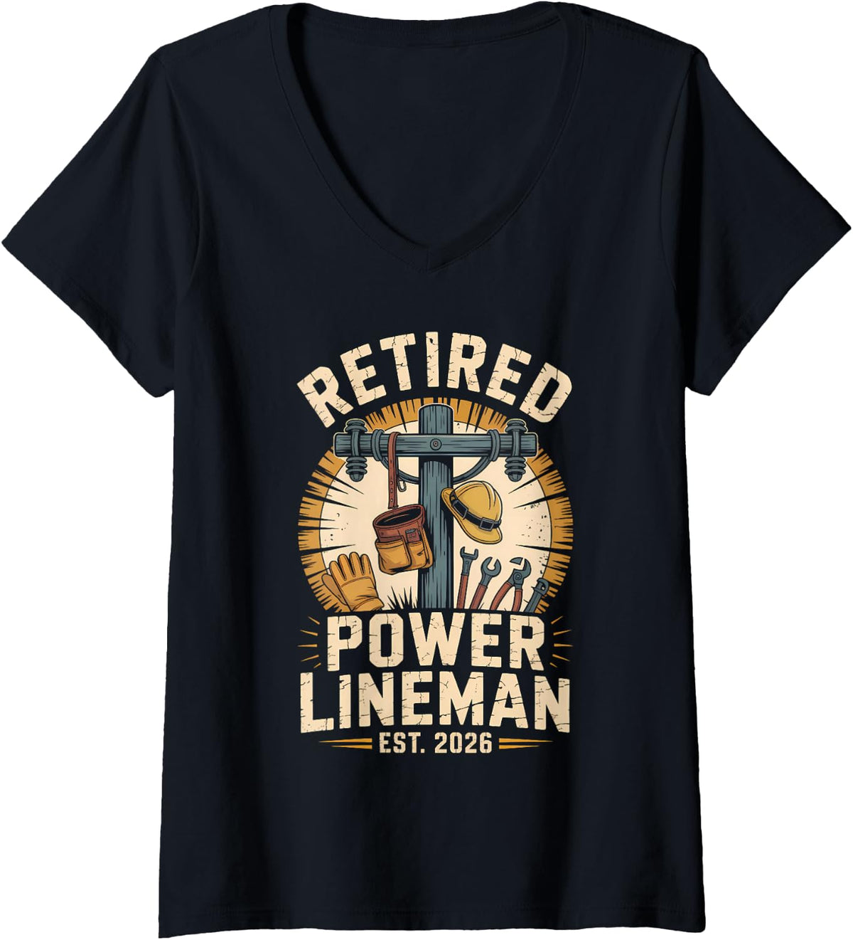 Women's Power Lineman Retired Est 2026 Utility Crew V-Neck T-Shirt - Black