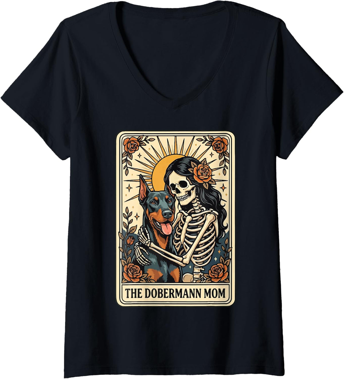 Women's The Dobermann Mom Tarot Card V-Neck T-Shirt - Black